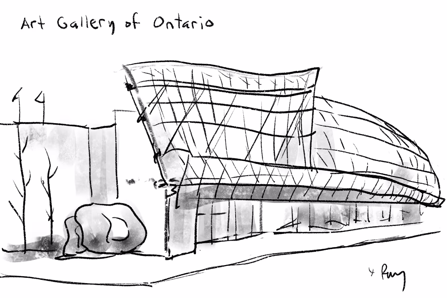 Digital sketch AGO in Toronto, a two storey building with an upside down canoe shaped undulating glass roofline and Henry Moore sculpture.
