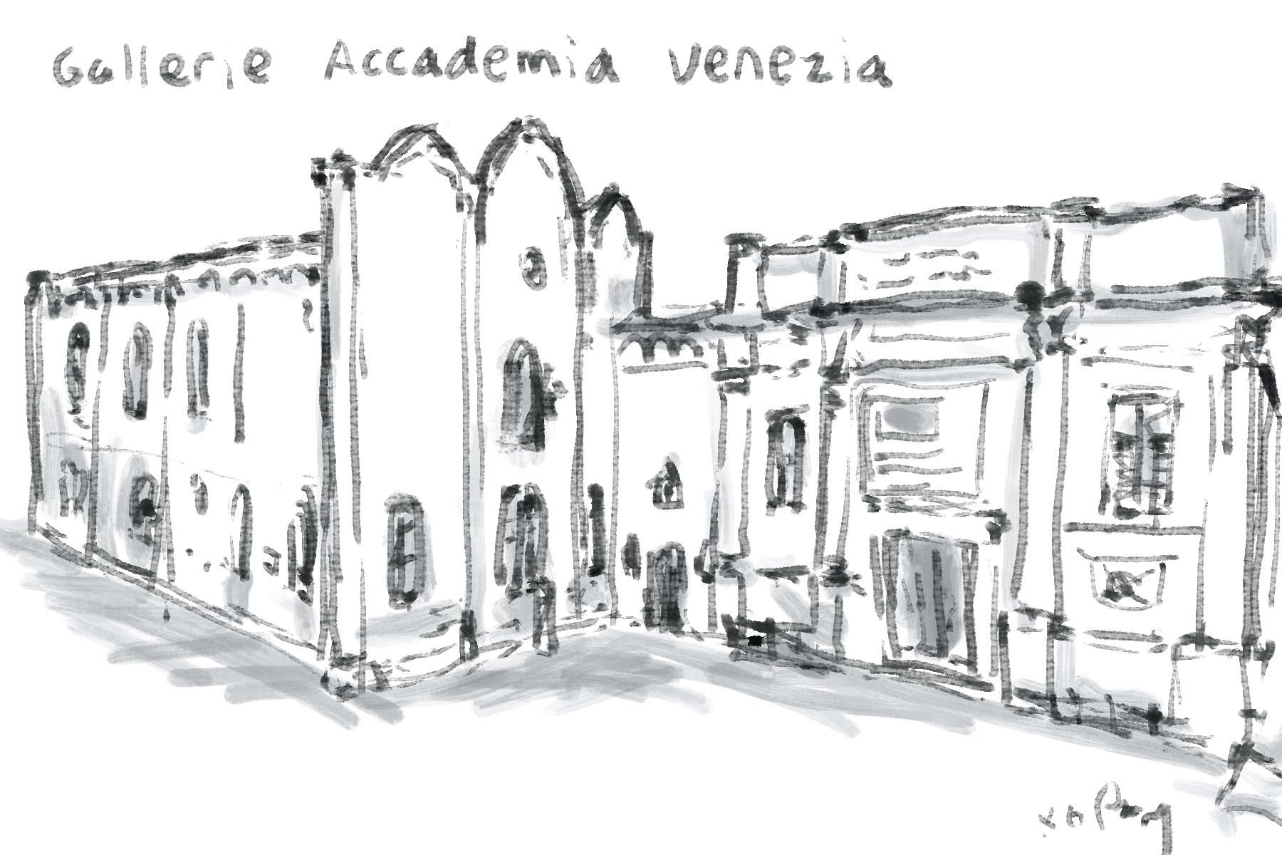 Digital sketch Gallerie Acedemia, a two storey building facade showing Corinthian columns, square and rounded windows, and brick and marble facades.