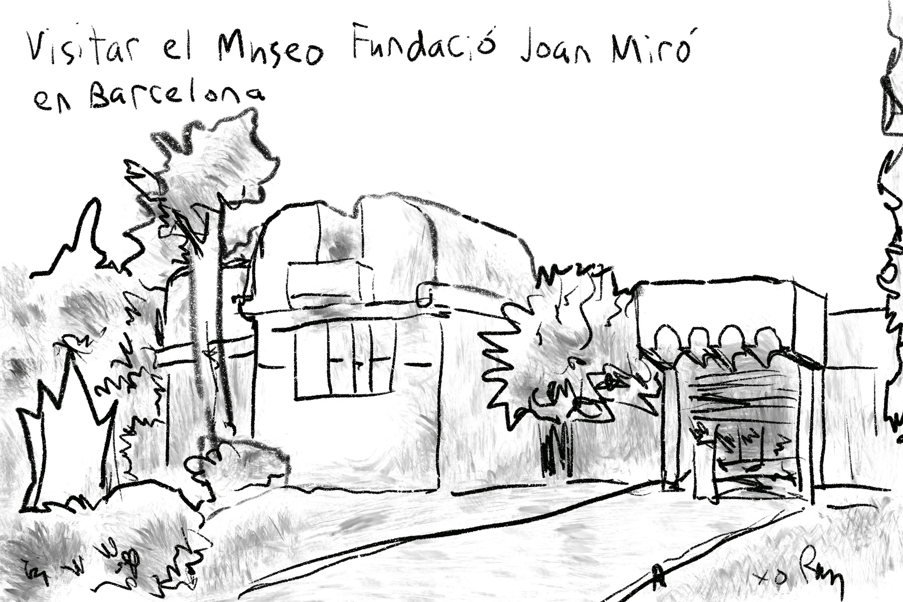 Digital sketch Miró Museum building facade showing rounded roofline, trees and garden, in Barcelona.