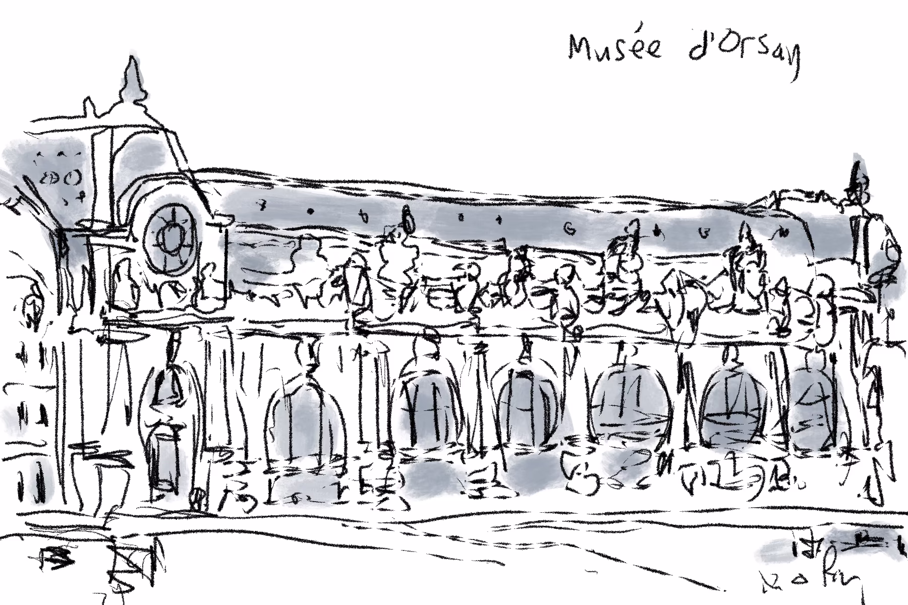 Digital sketch Musée d'Orsay building facade showing stonework and windows.