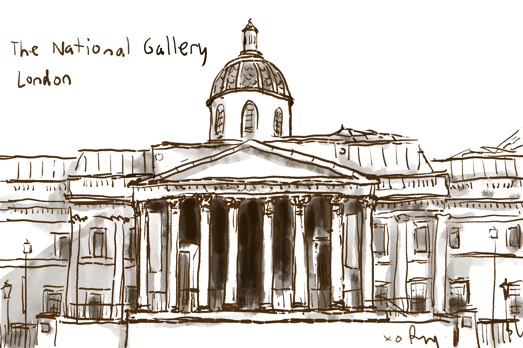 Digital sketch National Gallery building facade showing columned entrance, windows and cupola.